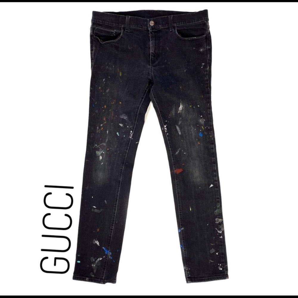 Gucci Paint Splattered Black Denim Jeans Sz 50